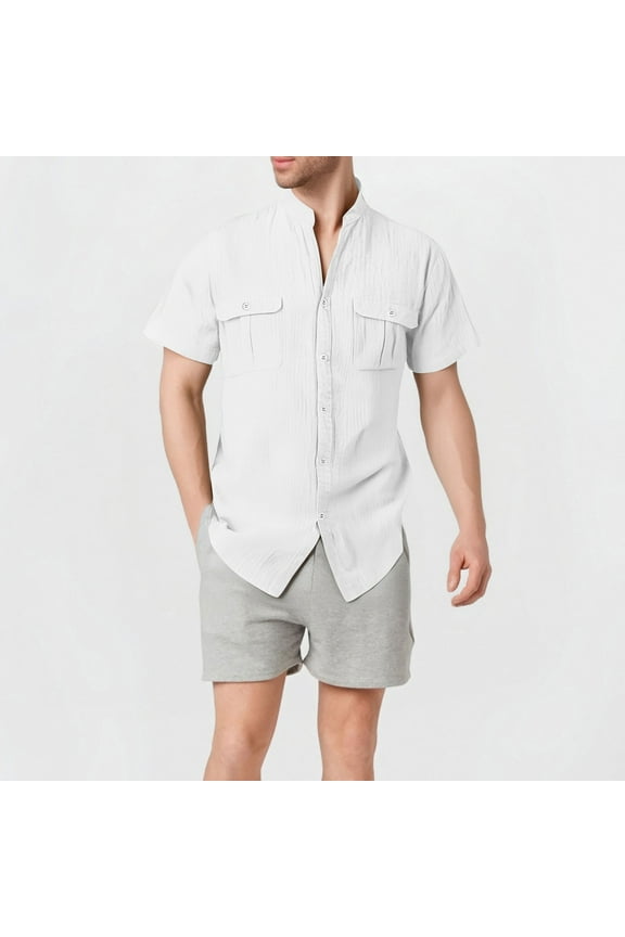 Men’s & Big Men’s George Linen Crew Neck Button Down Shirts with Double Pocket, White, XXL