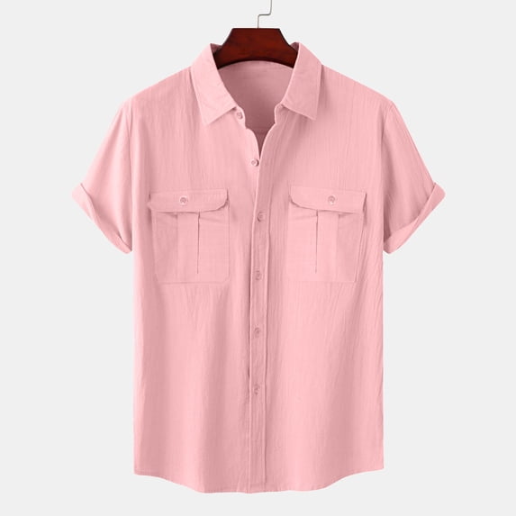 Coorders Men's Button Down Shirt with Double Pocket, Regular Fit Casual Beach Dress Shirts for Mens , Big and Tall Pink,Size M