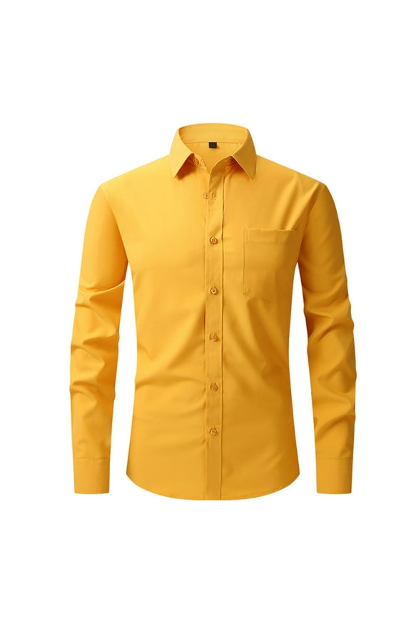 Mens Solid Long Sleeve Dress Shirts Stretch Cotton Business Shirt,Yellow,L