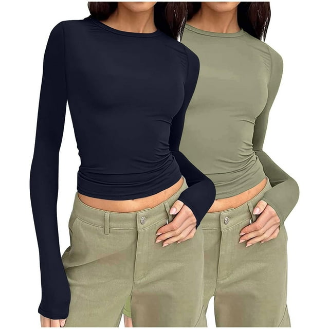 Coorders No Boundaries Everyday Tee, Scoop Neck Long Sleeve Shirts for Women, Slim Round Neck Fitted T Shirts Womens Tops Tee,2 Pack,Black & Green,L
