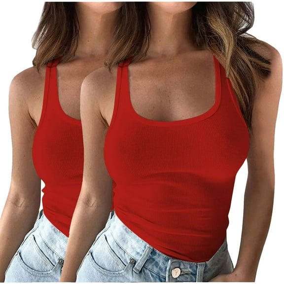 Coorders Henley Tank Top, Tops under 5$，2 PCS Sleeveless Nit Tank Tops, Women's and Women's Plus,Red&Red,L