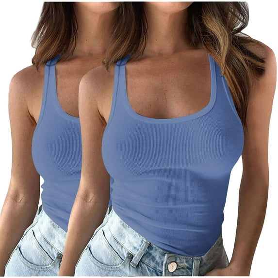 Coorders Henley Tank Top, Tops under 5$,2 PCS Sleeveless Nit Tank Tops, Women's and Women's Plus,Blue&Blue,L