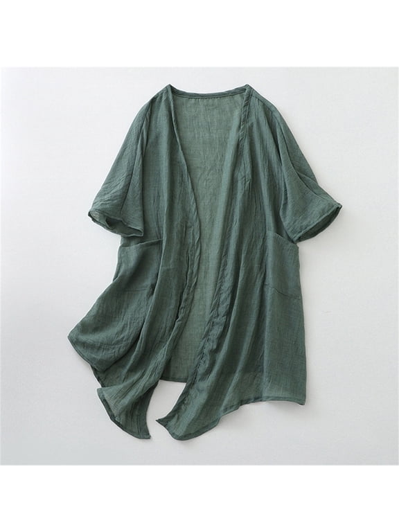 Women Cardigan with Pockets, Open Front Lightweight Cardigan with Long Sleeve, Draped Ruffles Knit Cardigan ,Green,Size M