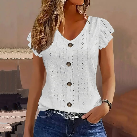 Coorders No Boundaries Women Tops under $5， Eyelet Button Down Shirts with Leaf Sleeve, Ladies Boho Tops for Summer,Type-B-White,Size XL