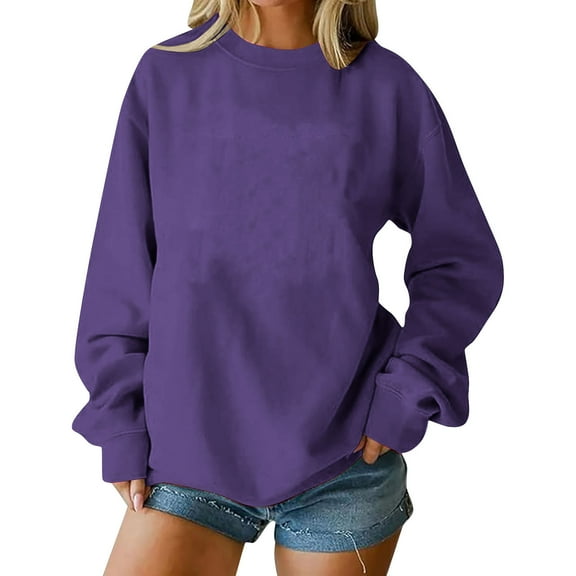 Coorders No Boundaries Women's Fleece Crewneck Pullover Sweaters Top, Long Sleeve Oversized Casual Pullover Tops ,Women's Plus Purple,Size XL