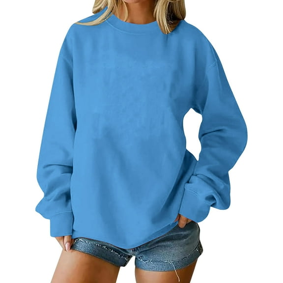 Coorders No Boundaries Women's Fleece Crewneck Pullover Sweaters Top, Long Sleeve Oversized Casual Pullover Tops ,Women's Plus Sky Blue,Size L