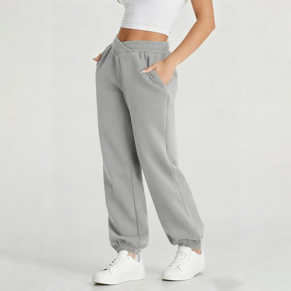Coorders Women's Knit Pleat Joggers With Pockets, Womens Fleece High Waisted Lounge Sweat Pants,Women's Size Gray,Size M
