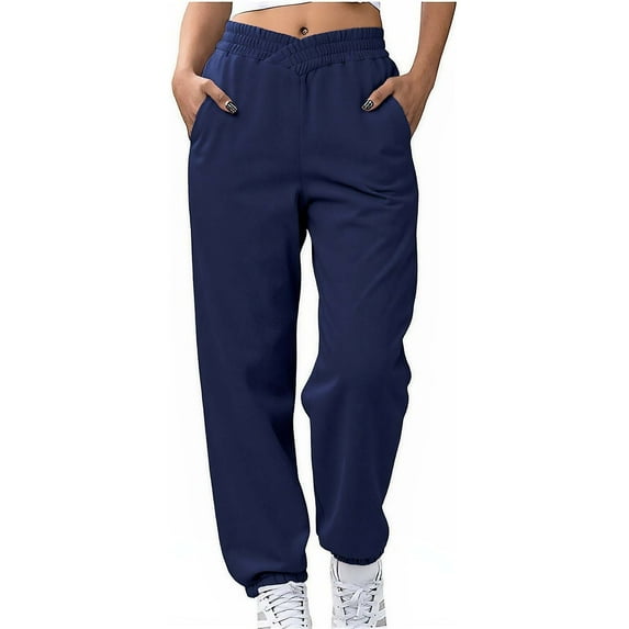 Coorders Women's Knit Pleat Joggers With Pockets, Womens Fleece High Waisted Lounge Sweat Pants,Women's Size Navy,Size XXL