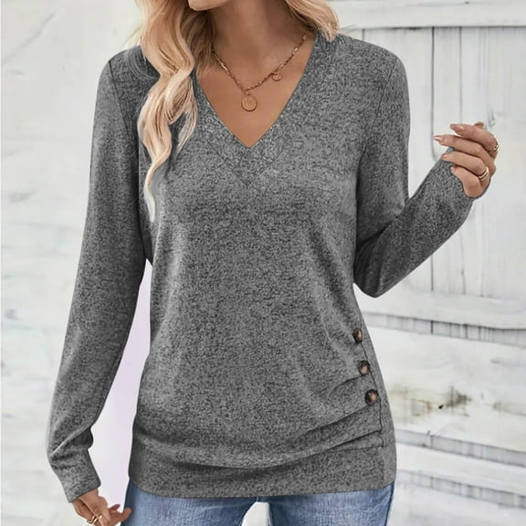 Coorders Women's Plus Size Tunic Tops, V Neck Casual Blouses Buttons Side Long Sleeve Fall Shirts,Gray,Size M