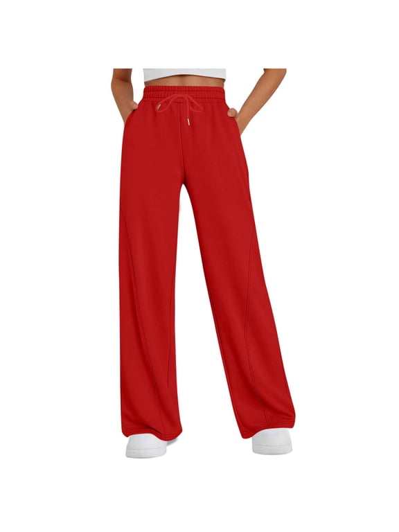 Coorders Women's Soft Fleece Wide Leg Pants, Womens Drawstring Fleece Joggers Sweatpants with Pockets ,Plus Size Red,Size S
