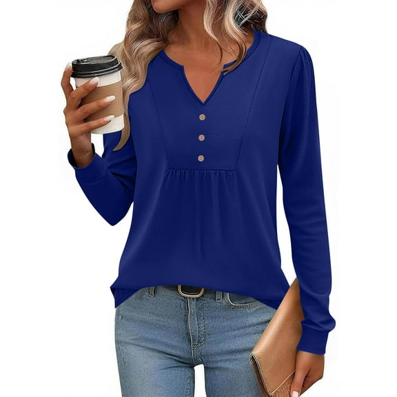 Coorders Women's Tunic Tops, Long Sleeve Basic Pleated Dressy Tops ,Blue,Size S