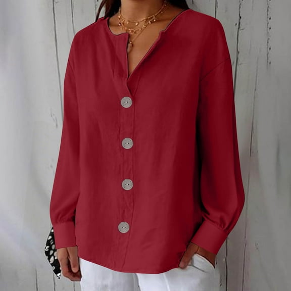 Coorders No Boundaries Women's V Neck Collared Tops with Long Sleeve, Womens Fit Linen Button Down Shirts with Pocket ,Hot Pink,Size XXL