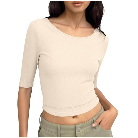 Coorders No Boundaries Womens Crewneck Crop Basic Tops, Ribbed Knit Slim Fit T Shirts, Half Sleeve 2025 Summer Trendy Y2k Tee,Beige,Size XL