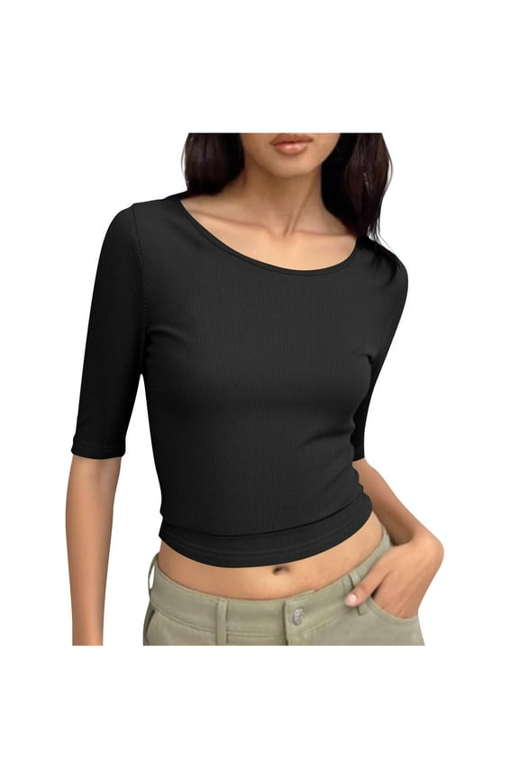 Womens Crewneck Crop Basic Tops, Ribbed Knit Slim Fit T Shirts, Half Sleeve 2025 Summer Trendy Y2k Tee,Black,Size M