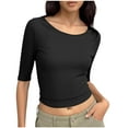 thumbnail image 1 of Coorders No Boundaries Womens Crewneck Crop Basic Tops, Ribbed Knit Slim Fit T Shirts, Half Sleeve 2025 Summer Trendy Y2k Tee,Black,Size XL, 1 of 9
