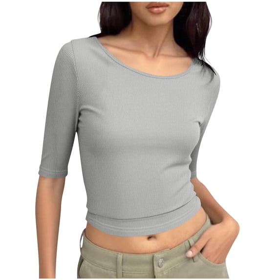 Coorders Womens Crewneck Crop Basic Tops, Ribbed Knit Slim Fit T Shirts, Half Sleeve 2025 Summer Trendy Y2k Tee,Gray,Size M