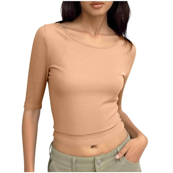 Coorders No Boundaries Womens Crewneck Crop Basic Tops, Ribbed Knit Slim Fit T Shirts, Half Sleeve 2025 Summer Trendy Y2k Tee,Khaki,Size XL