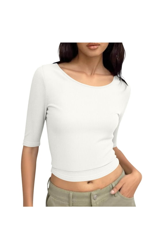 Womens Crewneck Crop Basic Tops, Ribbed Knit Slim Fit T Shirts, Half Sleeve 2025 Summer Trendy Y2k Tee,White,Size S