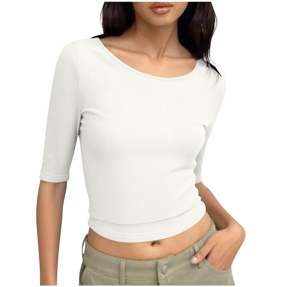 Coorders No Boundaries Womens Crewneck Crop Basic Tops, Ribbed Knit Slim Fit T Shirts, Half Sleeve 2025 Summer Trendy Y2k Tee,White,Size XL