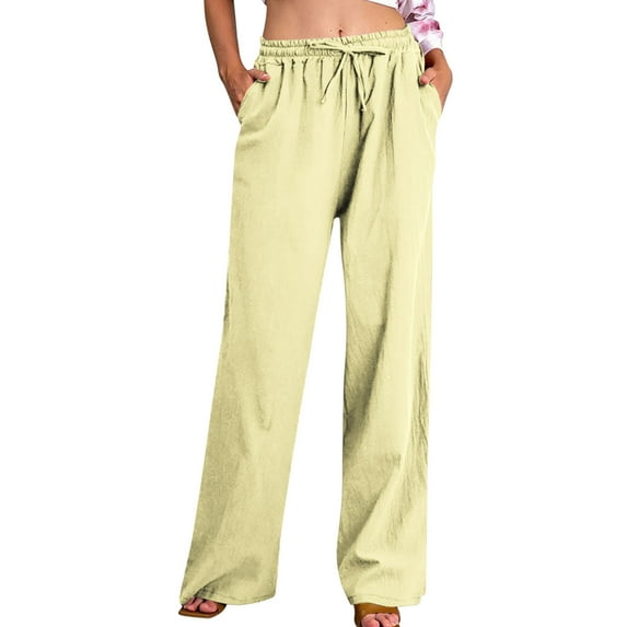 Coorders Womens Linen Pants with Pockets,Elastic Waist Women's Casual Lightweight Drawstring Pants,Women's Size Beige,Size XL
