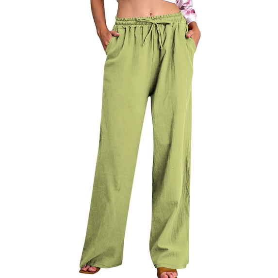 Coorders Womens Linen Pants with Pockets,Elastic Waist Women's Casual Lightweight Drawstring Pants,Women's Size Green,Size XXL