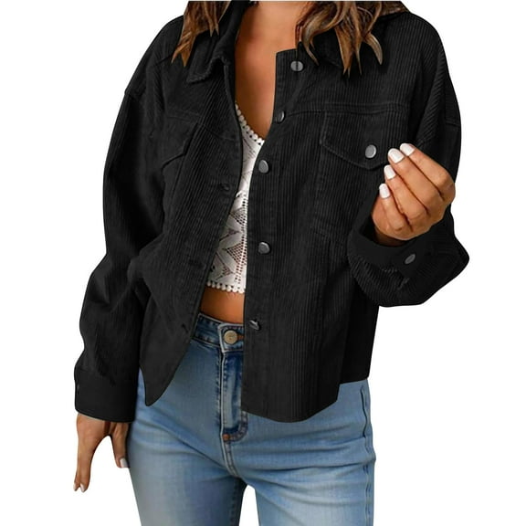 Coorders Women's Corduroy Cropped Jacket with Pockets, Lightweight Women's Casual Bottom Down Jackets Shackets Coats ,Women's Plus Black,Size M