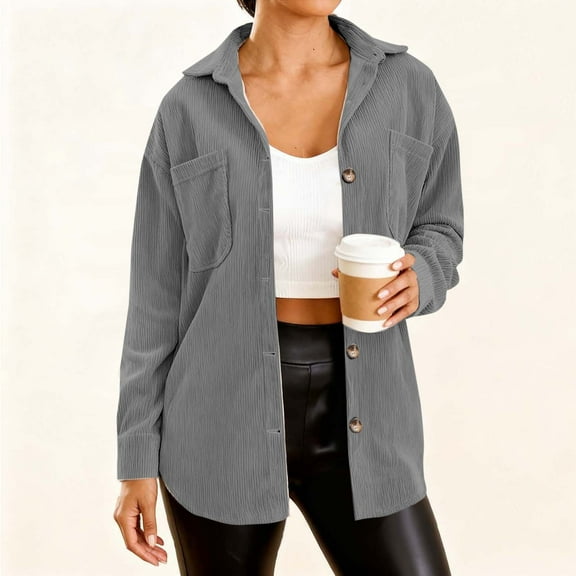 Coorders Women's Corduroy Cropped Jacket with Pockets, Lightweight Women's Fashion Bottom Down Jackets Shackets Coats ,Women's Plus Gray,Size XXL