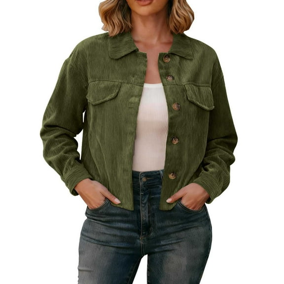 Coorders Women's Corduroy Cropped Jacket with Pockets, Lightweight Women's Trend Bottom Down Jackets Shackets Coats ,Women's Plus Army Green,Size L