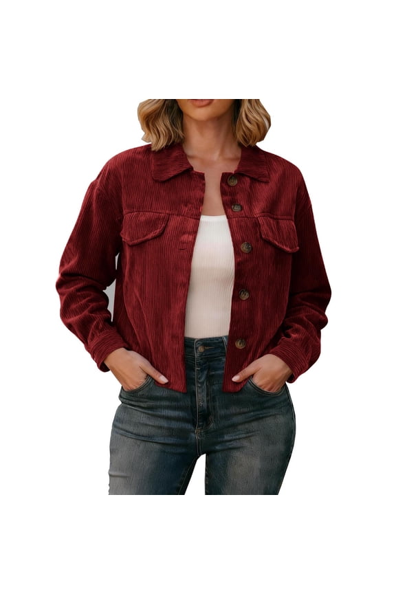 Coorders Women's Corduroy Cropped Jacket with Pockets, Lightweight Women's Trend Bottom Down Jackets Shackets Coats ,Women's Plus Red,Size XXL