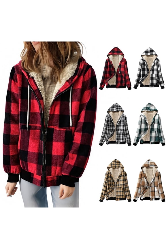 Coorders Women's Flannel Plaid Heavyweight Jacket Coat With Pockets, Womens Outwear Winter Hooded Coats ,Women's Plus Khaki,Size XXXL