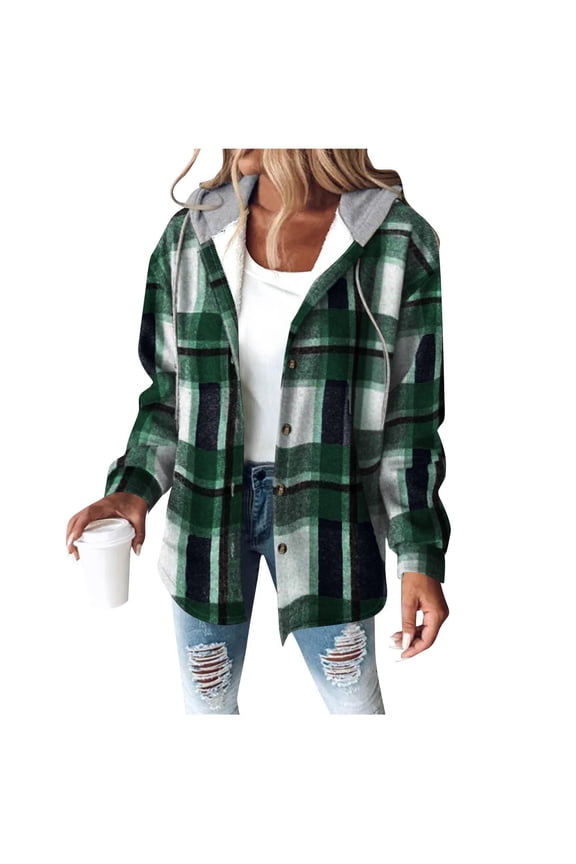 Women's Heavyweight Fleece Shacket Jackets with Hooded, Women's Flannel Hooded Plaid 2025 Shacket Thick Coat ,Women's Plus Dark Green,Size XL