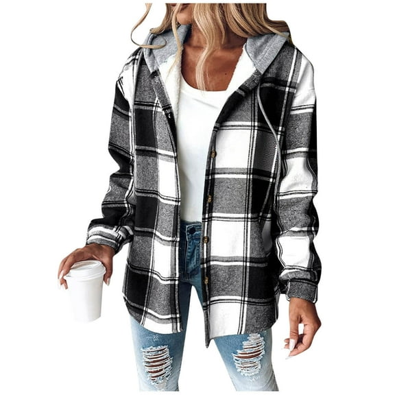 Coorders Women's Heavyweight Fleece Shacket Jackets with Hooded, Women's Flannel Hooded Plaid 2025 Shacket Thick Coat ,Women's Plus Black,Size L