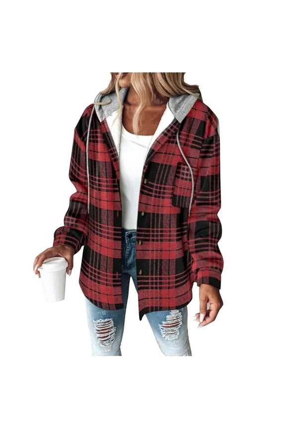 Women's Heavyweight Fleece Shacket Jackets with Hooded, Women's Flannel Hooded Plaid 2025 Shacket Thick Coat ,Women's Plus Dark Red,Size XXL