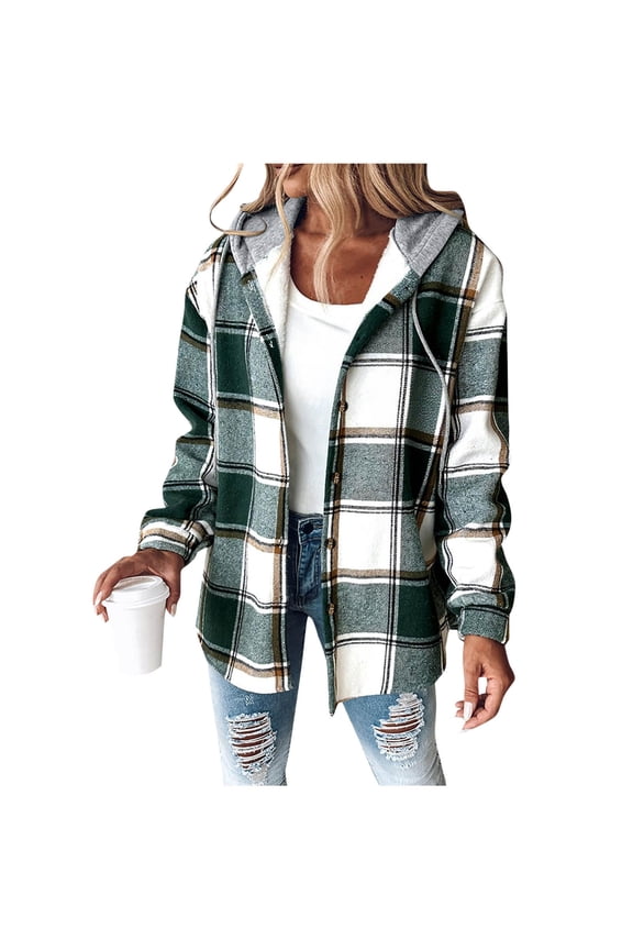 Women's Heavyweight Fleece Shacket Jackets with Hooded, Women's Flannel Hooded Plaid 2025 Shacket Thick Coat ,Women's Plus Green,Size M