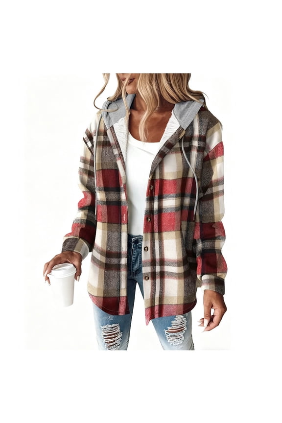 Women's Heavyweight Fleece Shacket Jackets with Hooded, Women's Flannel Hooded Plaid 2025 Shacket Thick Coat ,Women's Plus Plaid Wine,Size M