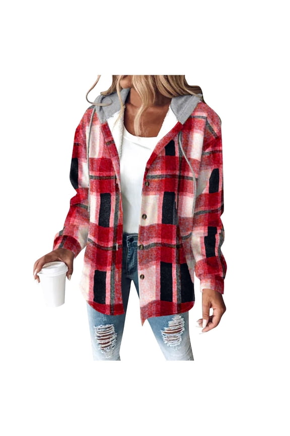 Women's Heavyweight Fleece Shacket Jackets with Hooded, Women's Flannel Hooded Plaid 2025 Shacket Thick Coat ,Women's Plus Red,Size XL