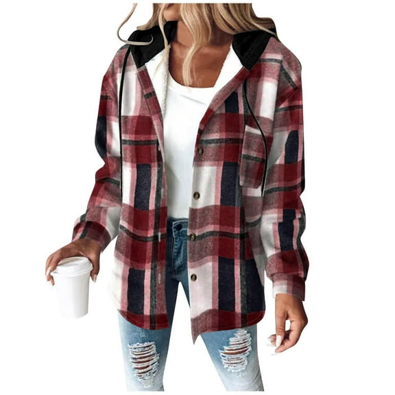 Coorders Women's Heavyweight Fleece Shacket Jackets with Hooded, Women's Flannel Hooded Plaid 2025 Shacket Thick Coat ,Women's Plus Wine,Size L