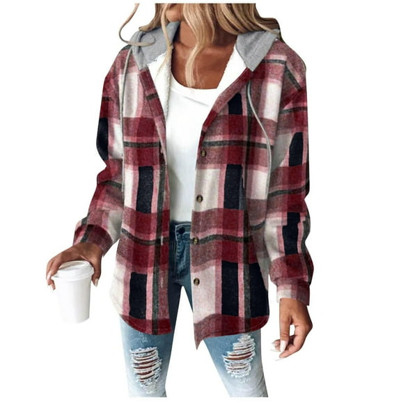 Coorders Women's Heavyweight Fleece Shacket Jackets with Hooded, Women's Flannel Hooded Plaid 2025 Shacket Thick Coat ,Women's Plus Wine,Size L