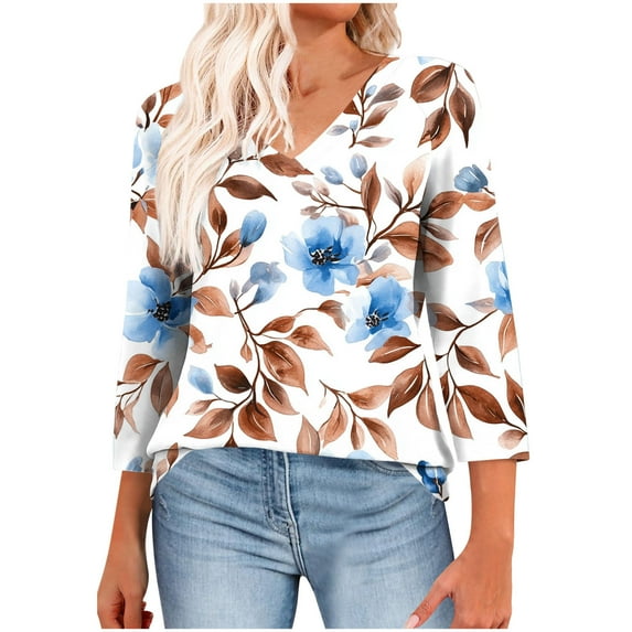 Coorders Women's Plus Size Tunic Tops, 3/4 Sleeve Womens V Neck Trendy Pleated Dressy Casual Blouse ,Sky Blue,Size XXL