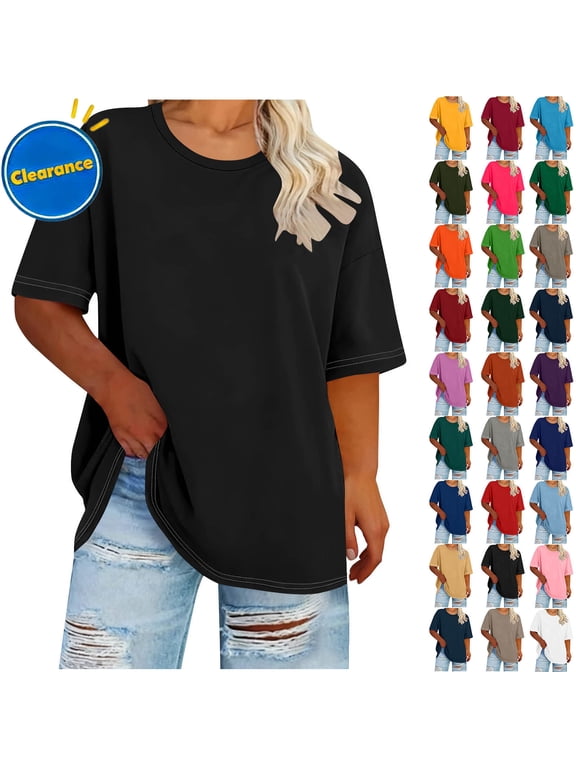 Women's Short Sleeves Crewneck Tee, Crew Neck Short Sleeve Baggy Loose Tops Oversize Tees Color Assorted, Plus White, Sizes XL-XXXXXL