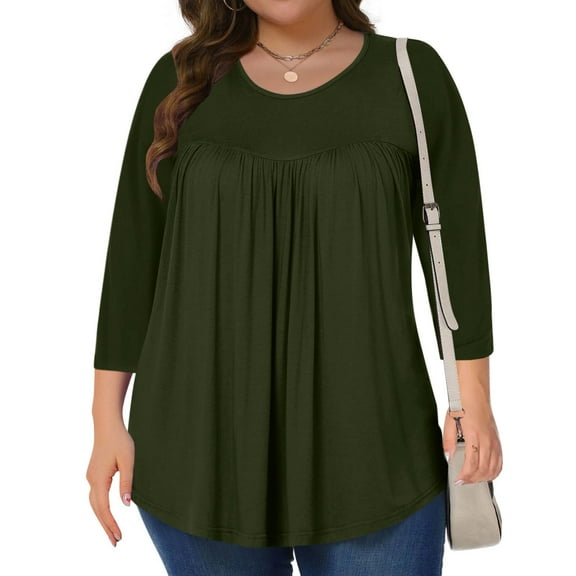 Coorders Womens 3/4 Sleeve Plus Size Tops, Oversized Loose Long Sleeve Crewneck Dressy Blouses with Pleated, Basic Long Sleeve Tee Tunics Trendy Tops ,Army Green,Size XXXXXL
