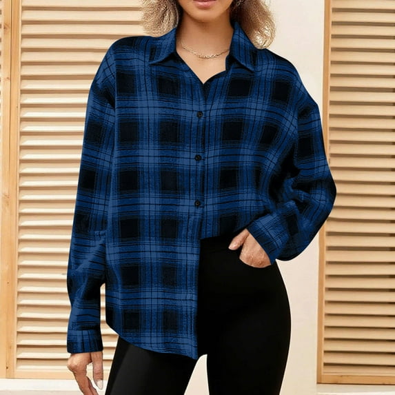 Coorders Womens Long Sleeve Boyfriend Button Down Plaid Flannel Shirt with Cuffed Sleeve,Women's Plus Blue,Size L