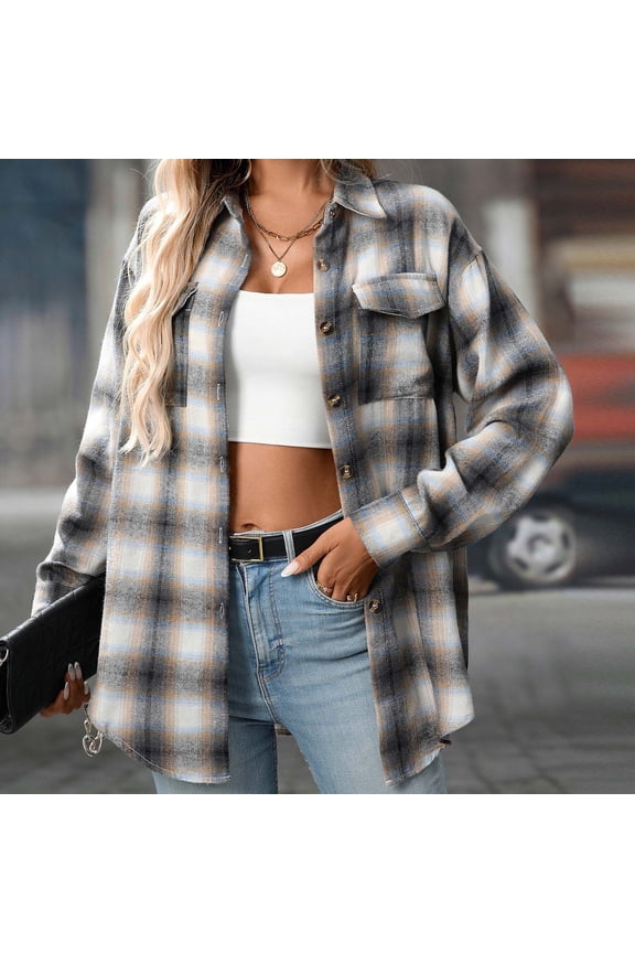 Coorders Womens Long Sleeve Boyfriend Button Down Plaid Flannel Shirt with Cuffed Sleeve,Women's Plus Gray,Size XXL