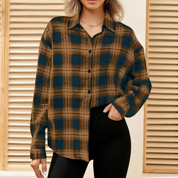 Coorders Womens Long Sleeve Boyfriend Button Down Plaid Flannel Shirt with Cuffed Sleeve,Women's Plus Orange,Size XXL