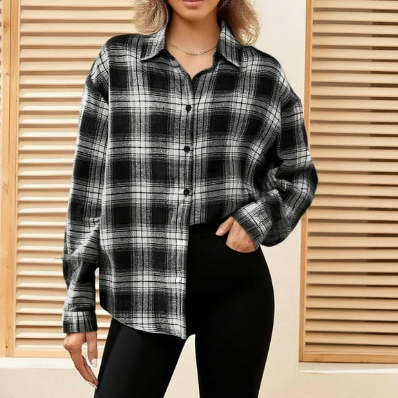 Coorders Womens Long Sleeve Boyfriend Button Down Plaid Flannel Shirt with Cuffed Sleeve,Women's Plus Plaid Black,Size M