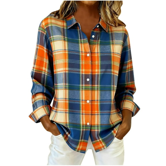 Coorders Womens Plaid Long Flannel Shirt,Women's Long Sleeves Button Down Dress Shirts ,Women's Plus Orange,Size L