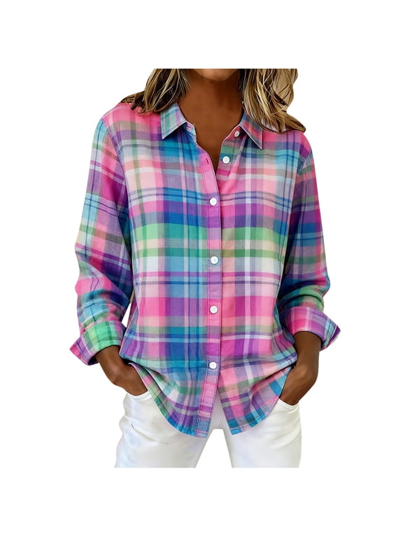 Womens Plaid Long Flannel Shirt,Women's Long Sleeves Button Down Tee Shirt Blouses ,Women's Plus Purple,Size XXL