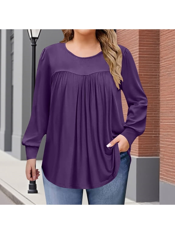 Coorders Womens Plus Size Tops, Oversized Loose Long Sleeve Crewneck Blouses with Pleated, Basic Long Sleeve Tee Tunics Trendy Tops ,Purple,Size XXL