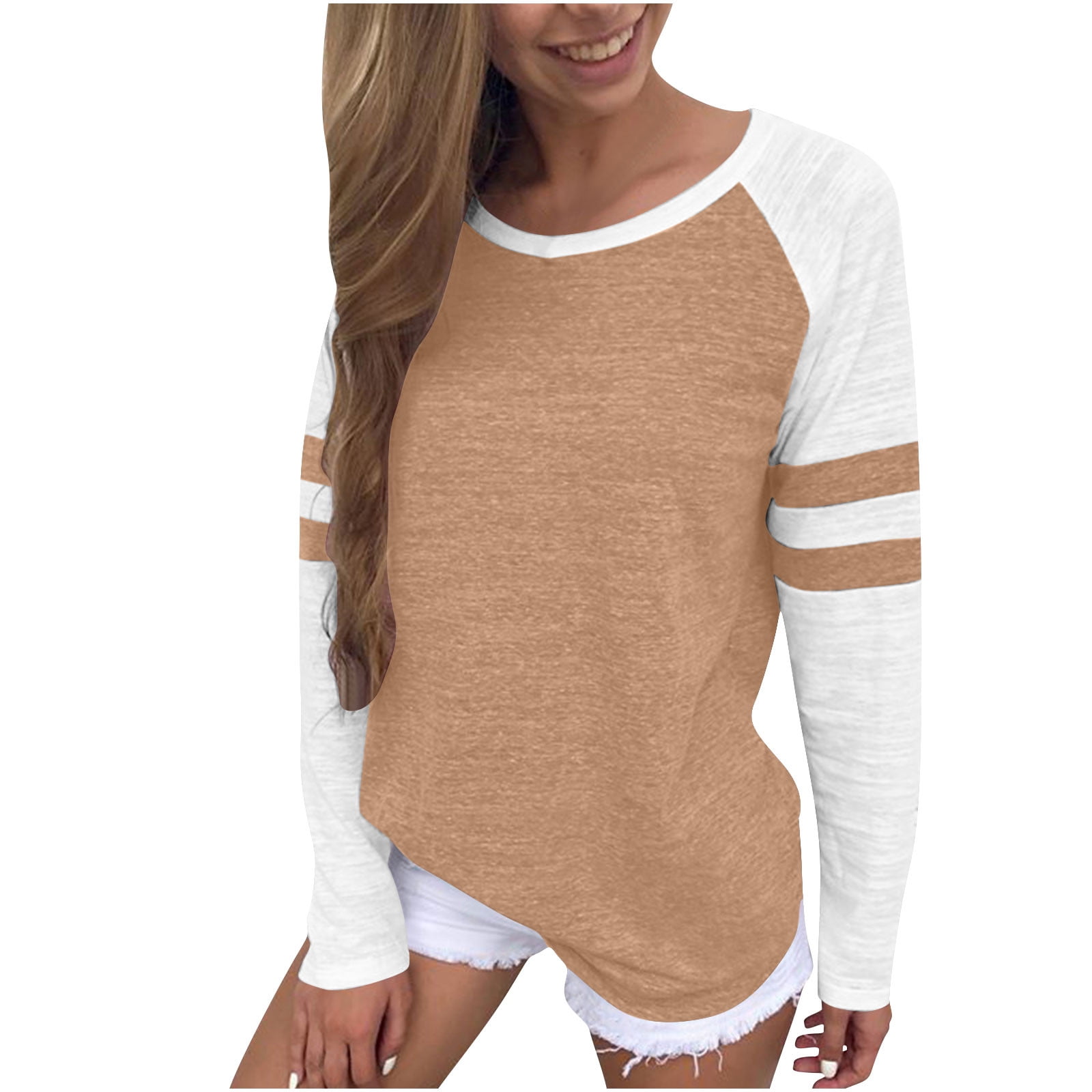 Women's Long Sleeve Crew Neck Pullover Top – Color Block Striped Button-Down Blouse, Soft Polyester, Sizes S-XXL, Brown