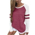 thumbnail image 1 of Coorders Womens Stripe Splice Long Sleeve Crew Neck Shirt, Women's Causal Crewneck Pullover Tops,Women's Plus Wine,Size XL, 1 of 6